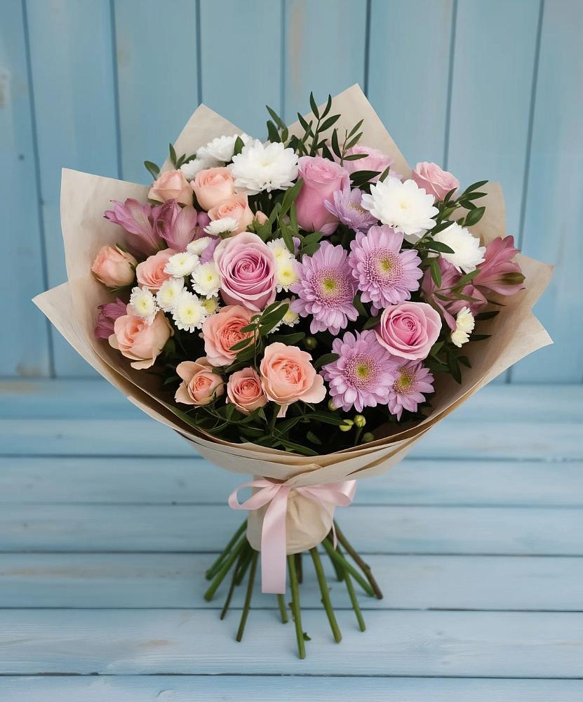Букет цветов из: Хризантемы, Розы и Альстромерии в Бриньковской