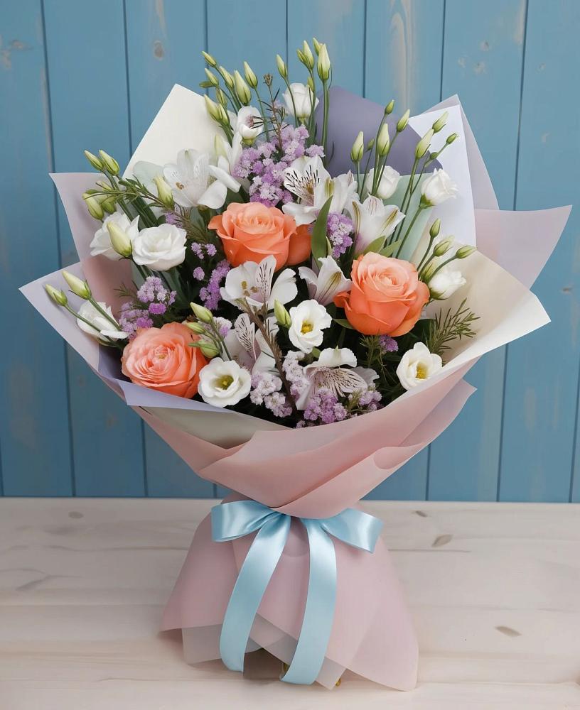 Букет цветов из: Лизиантусы, Розы, Альстромерии и Гипсофила в Бриньковской