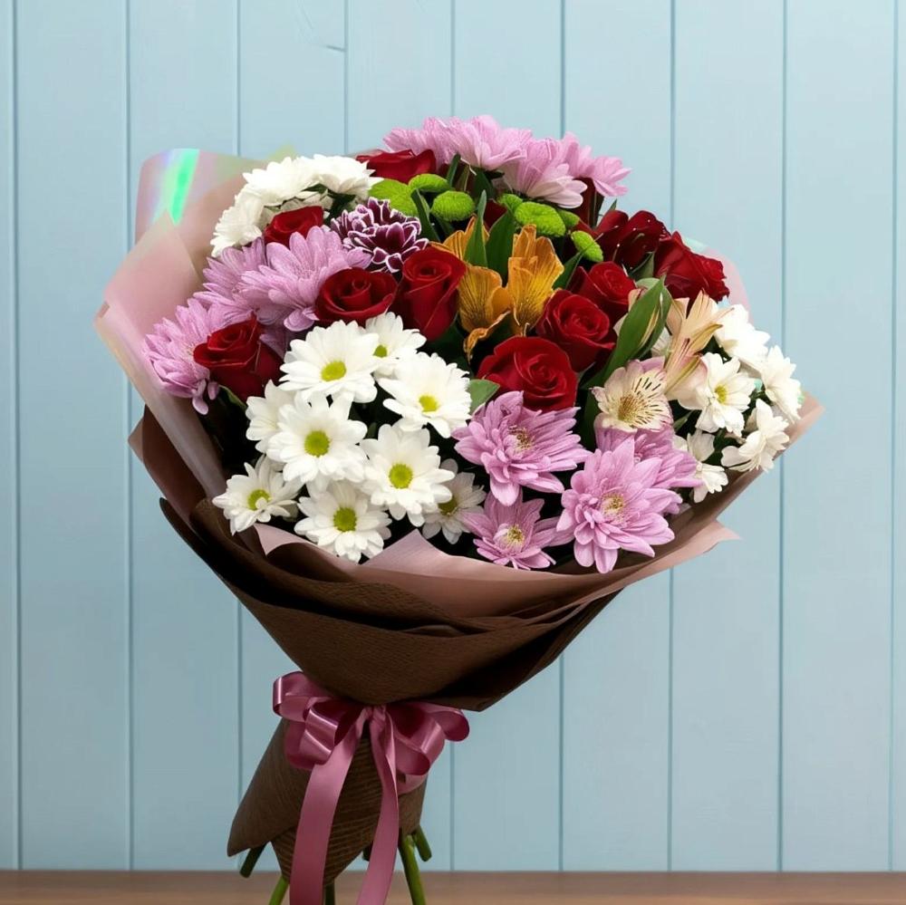 Букет цветов из: Розы, Хризантемы и Альстромерии в Бриньковской