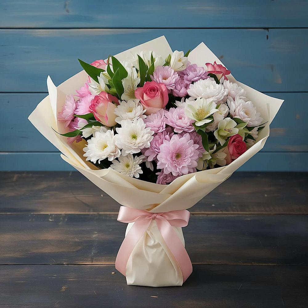 Букет цветов из: Хризантемы, Альстромерии и Розы в Бриньковской